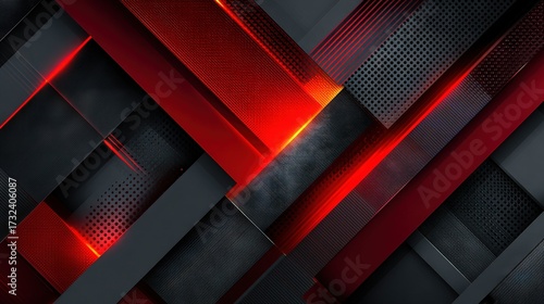 Futuristic abstract geometric background with layered black and red metallic textures, illuminated by glowing light accents for bold modern digital design