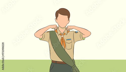 Illustration of a boy scout adjusting his uniform and sash