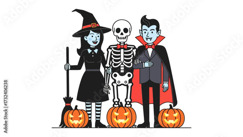 Halloween Trio of Terror: A spooky yet jovial trio of Halloween figures, a witch, skeleton, and vampire, share the frame with carved pumpkins, celebrating the eerie night's festivities. 