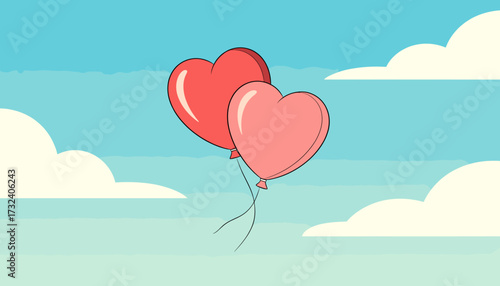 Two heart-shaped balloons floating together in a blue sky with clouds