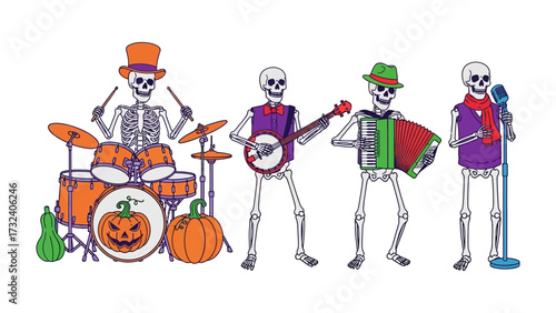 Skeleton Band: Musical skeletons, adorned with colorful hats and vest, celebrate autumn with drums, banjo, and accordion beside a grinning pumpkin.