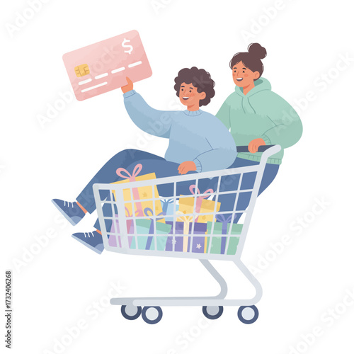 Friends riding in shopping cart filled with gifts and holding credit card, having fun during holiday shopping spree, expressing joy and excitement.