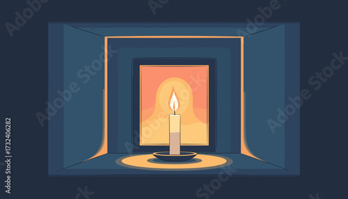 Candle burning in a small alcove or shrine with a glowing portrait