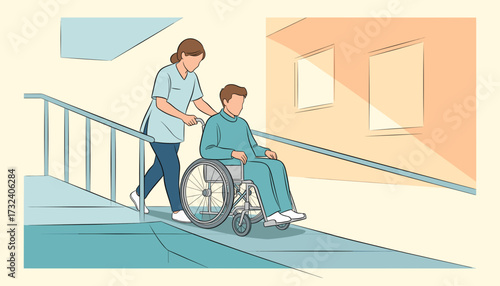 Nurse helping a patient in a wheelchair on a ramp
