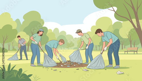 Group of volunteers cleaning up trash in a city park