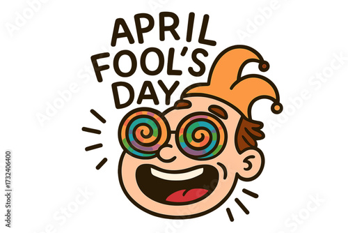 April Fool's Day vector lettering. Cartoon jester with crazy hypnotic spiral eyes. Funny isolated print for holiday prank. Silly comic character face for fun celebration.