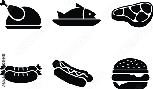 Meat and Protein Food Icon Set – Chicken, Fish, Steak, Sausage, Hotdog, and Burger in Black Silhouette Style