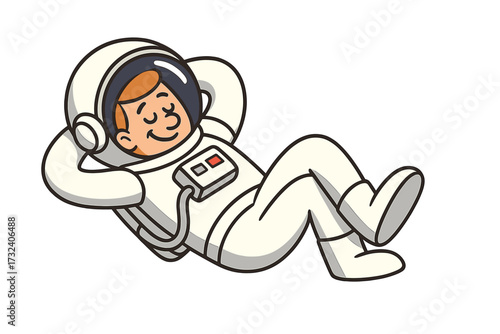 Funny astronaut character resting in space. Cartoon cosmonaut man floating and relaxing in zero gravity. Peaceful spaceman sleeping. Flat vector illustration for children's design.