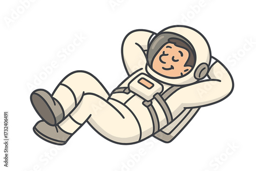 Funny astronaut resting in space. Lying cosmonaut man character. Vector flat illustration for chill and calm concepts. Spaceman floating in zero gravity. Space travel.