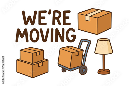 We're Moving Announcement Text with Cartoon Boxes, Hand Truck, and Floor Lamp, Moving Day Concept, Relocation Illustration, Packing and Shipping, Moving House Design