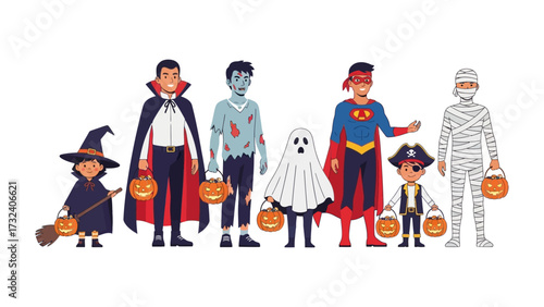 Halloween Costume Parade: A delightful assortment of characters stand in a row, each in a unique costume. Pumpkins, witches, zombies, and superheroes, all united in the spirit of fun and fantasy.