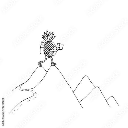 Pineapple hiking adventure vector illustration summer vacation travel tropical fruit cartoon character exploring nature