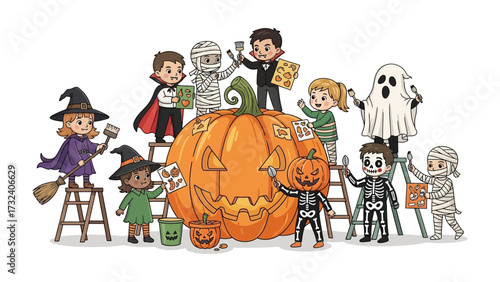 Spooky Gathering: A creative ensemble of children, clad in festive Halloween costumes, collaborate on carving a giant pumpkin, creating a vibrant scene of joyful anticipation.