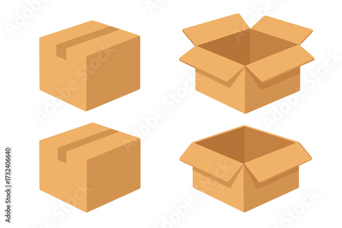Isometric carton packaging box vector set. Open and closed cardboard boxes collection. Shipping, delivery and moving concept. Storage container icon. Parcel package illustration.