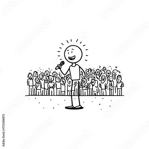 Stick figure public speaking with microphone to crowd audience vector illustration for presentation design