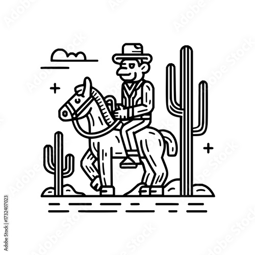 Cowboy riding horse in desert landscape vector illustration wild west outline drawing western scene line art texas 100