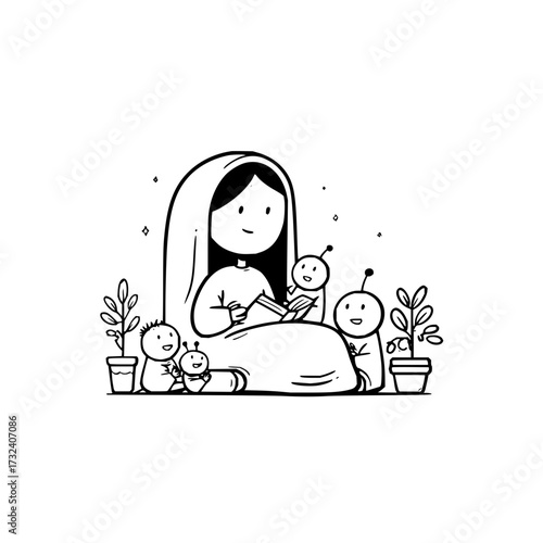 Mother reading book to alien children vector illustration line art cute family story time fun drawing design