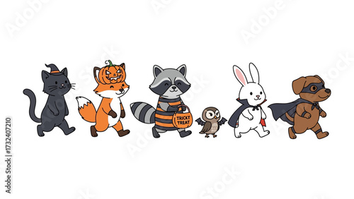 Spirited Halloween Parade: A delightful array of adorable animals dressed in costumes stroll confidently, exuding the excitement of Halloween.