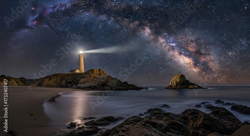 Stunning Milky Way Galaxy Arches Over Isolated Lighthouse Guiding Ships Through Coastal Night