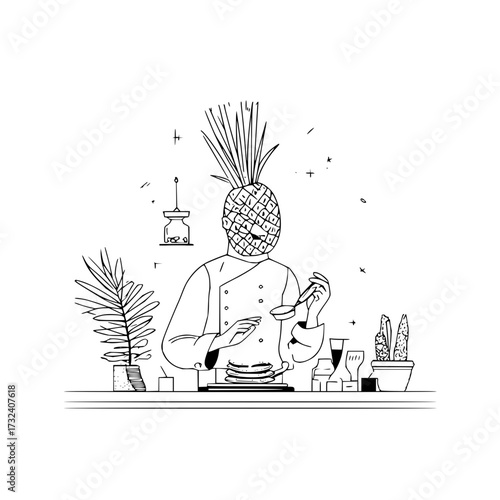 Pineapple chef cooking food illustration, kitchen art print, culinary drawing, food preparation, line art