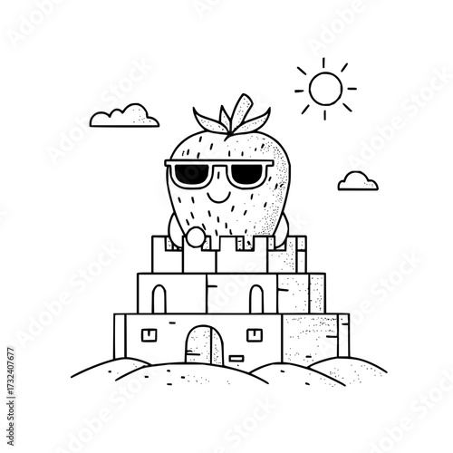 Strawberry summer vacation at the beach sandcastle with sunglasses outline vector illustration art