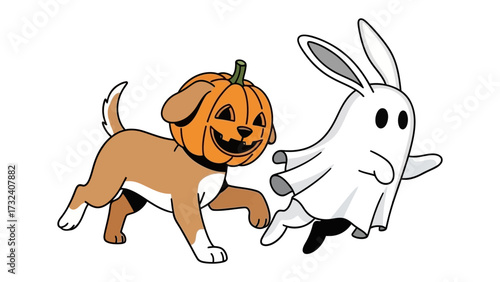Spooky Friends on Halloween: A whimsical illustration of a playful puppy in a carved pumpkin costume and a friendly ghost bunny, evoking the spirit of Halloween with festive charm.