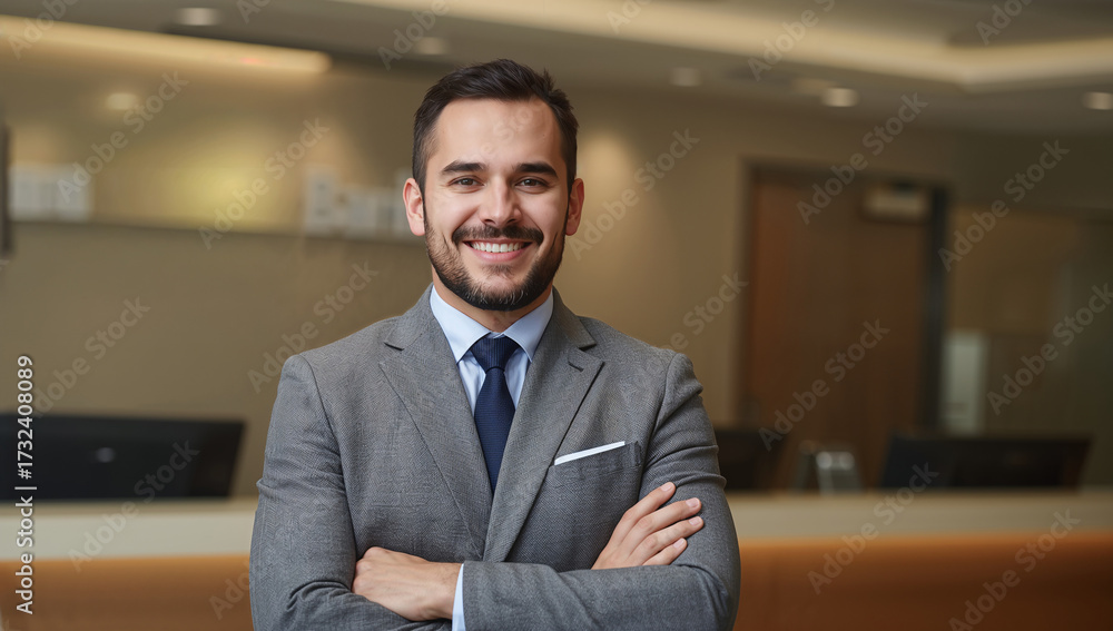 Fototapeta premium Male Bank manager standing in front of a bank counter wearing a suit and tie generative AI