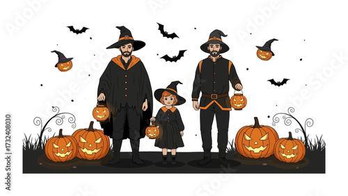 Enchanting Halloween Night: A family trio, donning stylish witch attire and carrying jack-o'-lanterns, prepares for a night of spooky delight amidst playful bats and carved pumpkins under a whimsical.