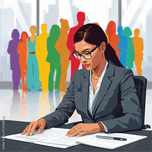 Focused businesswoman reviews documents with diverse team in background
