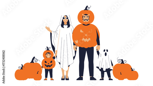 Halloween Family Portrait: A charming family ensemble, each adorned in festive costumes, ready for a night of spooky fun, embodying the spirit of Halloween. 