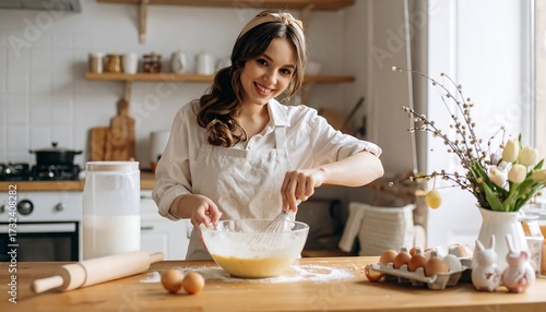 Woman mixing ingredients in kitchen.  Happy baker