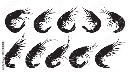 Shrimp silhouette vector set. seafood black icon, marine animal illustration
