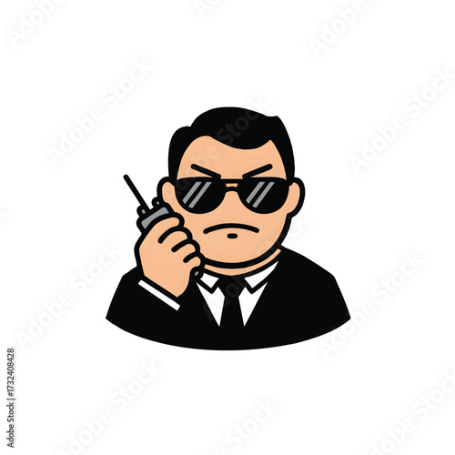 Illustration of a stern-faced man in a suit wearing sunglasses and holding a walkie-talkie, embodying security or an agent