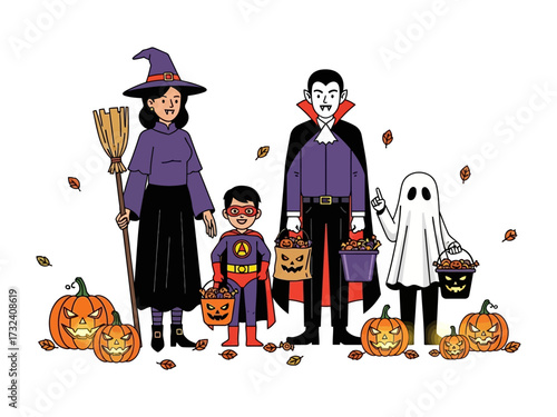 Spooky Halloween Gathering: A family is dressed up in Halloween costumes poses next to several carved pumpkins and an eerie ghost, embodying the joyful and spooky essence of the season. 