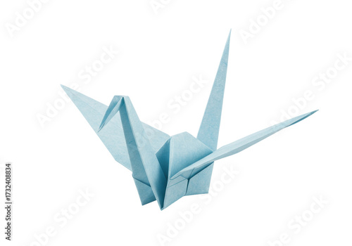 Light blue origami crane isolated on transparent background, traditional Japanese art for peace and mindfulness
