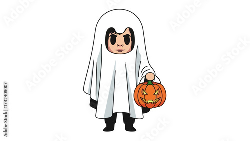Spooky Silhouette: A childlike ghost figure, holding a grinning jack-o'-lantern, evoking the festive essence of the autumn holiday, ready for trick-or-treating.