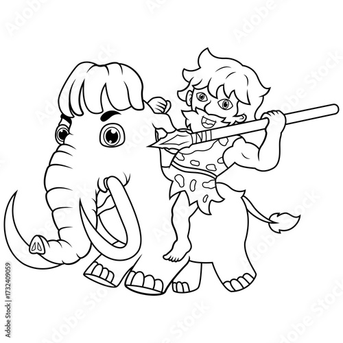 Cartoon young caveman riding mammoth line art