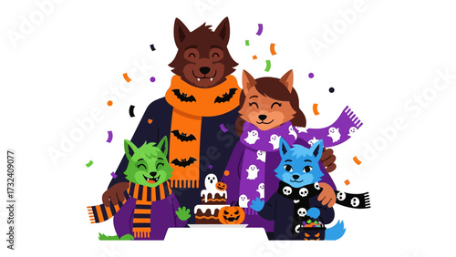 Werewolf Family Portrait for Halloween: An adorable werewolf family comes together in a heartwarming embrace for Halloween.