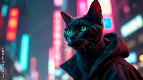 Cyberpunk Cat Detective in Neon City
