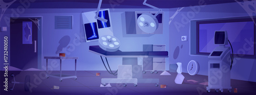 Destroyed and abandoned surgery room interior, vector flat broken hospital operating room with medicines instruments