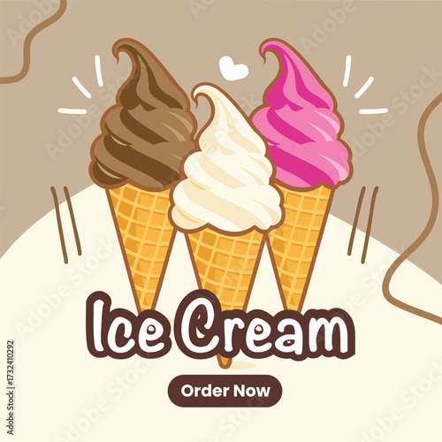 Ice Cream Cones Trio Chocolate, Vanilla, and Strawberry Delight