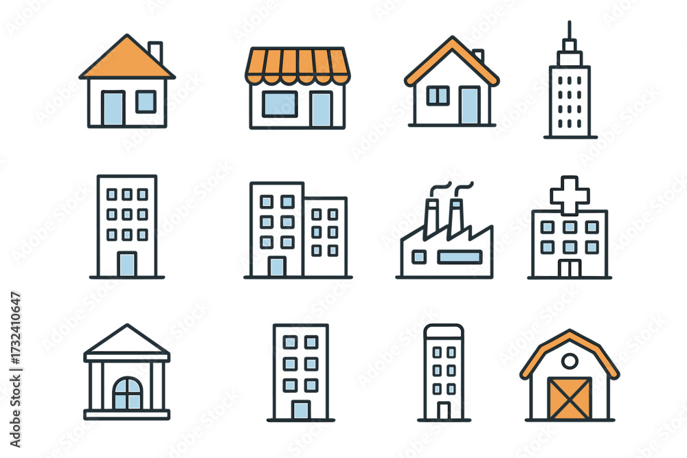Building icon set. Simple outline vector icons for real estate. House, apartment, office, factory, hospital, bank. Cityscape elements for web and mobile, property symbols.