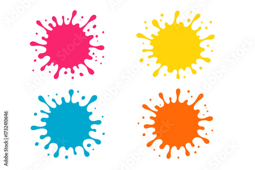 Set of colorful paint splatters. Vector illustration of ink blots and splashes. Abstract graphic design elements for background. Collection of vibrant drops and stains. Isolated.