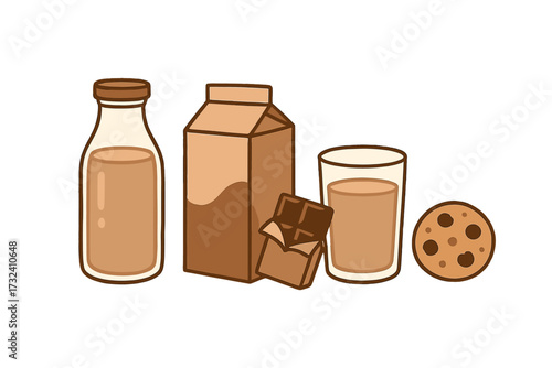 Chocolate milk vector icon set. Cute cartoon illustration collection of cocoa drink in a glass, bottle, and carton, with a chocolate bar and cookie. Simple flat design snack.