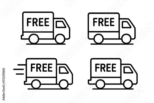 Free delivery truck icon set. Fast shipping and free transport lorry symbol. Van for online store order delivery service. E-commerce logistics business vector graphic.
