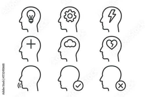 Psychology line icon set. Mental health and thinking process concepts. Head profile with symbols. Idea, brainstorm, positive mind, dream, heartbreak, speak, success, failure vector.