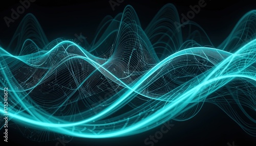 Dynamic teal wave patterns create a futuristic digital soundscape background, ideal for modern technology presentations and innovative design projects