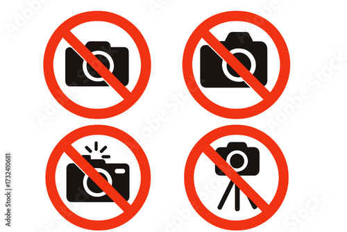 No photography signs set. No photos allowed vector icons. Warning and prohibition symbols. Forbidden camera, no flash, no tripod allowed marks. Private property notice.