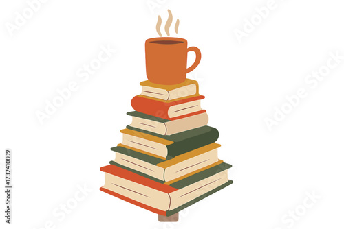 Christmas tree books stack. Hot coffee mug on book pile. Holiday reading, winter cozy concept. Hand drawn vector for book lovers. Education, library, literature symbol.
