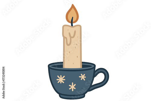 Cozy burning candle in a decorative cup holder with snowflake pattern. Isolated vector flat illustration. Concept of hygge, comfort, warmth, winter holidays, Christmas decoration.